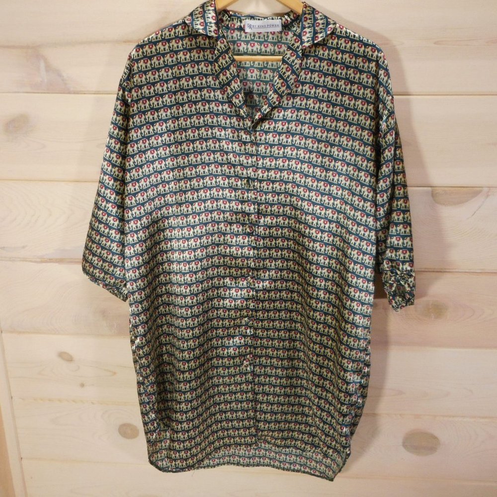 Vintage Pajama Sleep Shirt XXL Satin Top Elephant Print